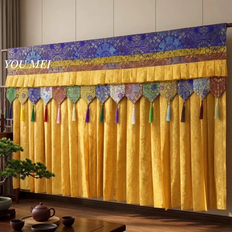 Buddhist Hall Arrangement Hanging Decoration,Tibetan-Style Yellow Satin Table Skirt Curtain,Prayer Flag Hanging Banner Curtain view 6