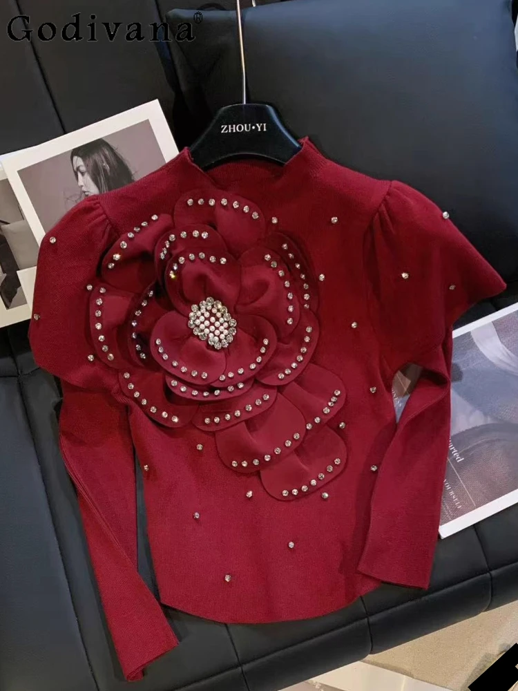 

Red Fashion Hot Diamond Flower Stand Neck Knitted Top Girl Early Autumn Versatile Temperament Slim Removable Long Sleeve T-shirt