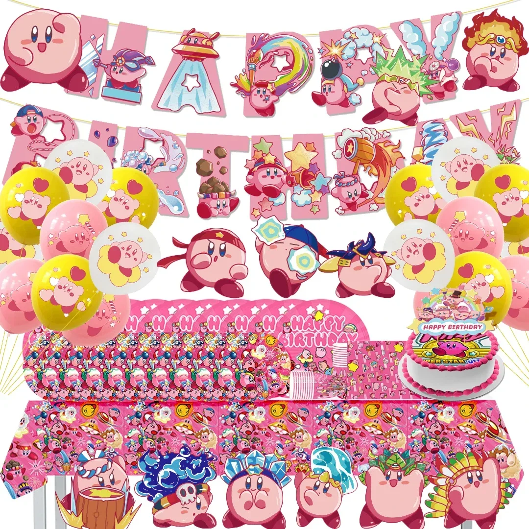 Cute Kirby super star party Disposable Banner dinnerware Hanging Flag Kirby super star Balloons set Birthday Cake Decoration