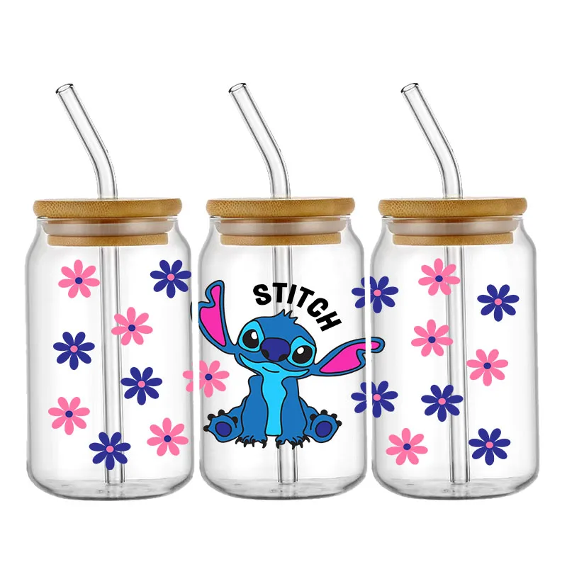 Disney Stitch And Lilo Best For Libbey16oz Can Glass 3D Waterproof UV DTF Cartoon Stitch Coffee Can Wrap LibbeyGlass Wrap