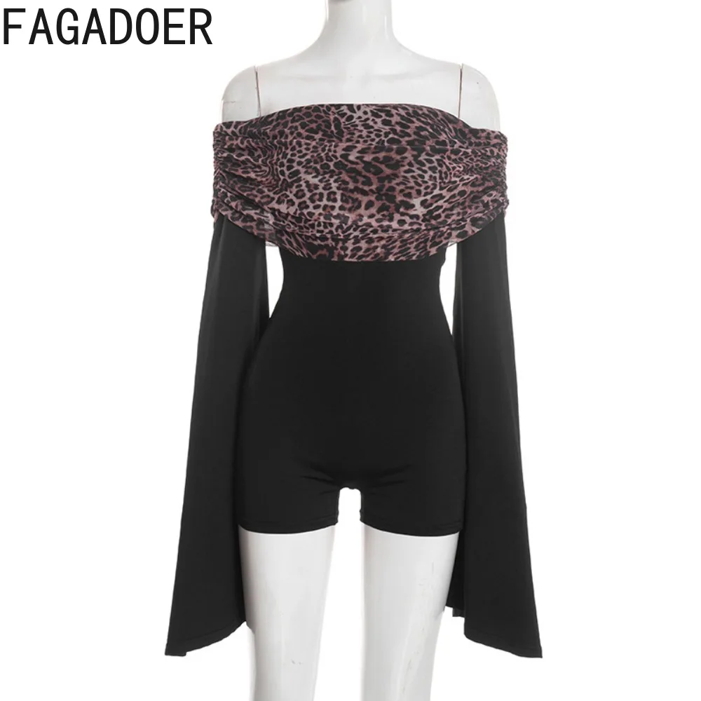 Fagadoer sexy leopardo impressão retalhos macacão para mulher fora showlder sem costas bodycon macacões feminino streetwear novo