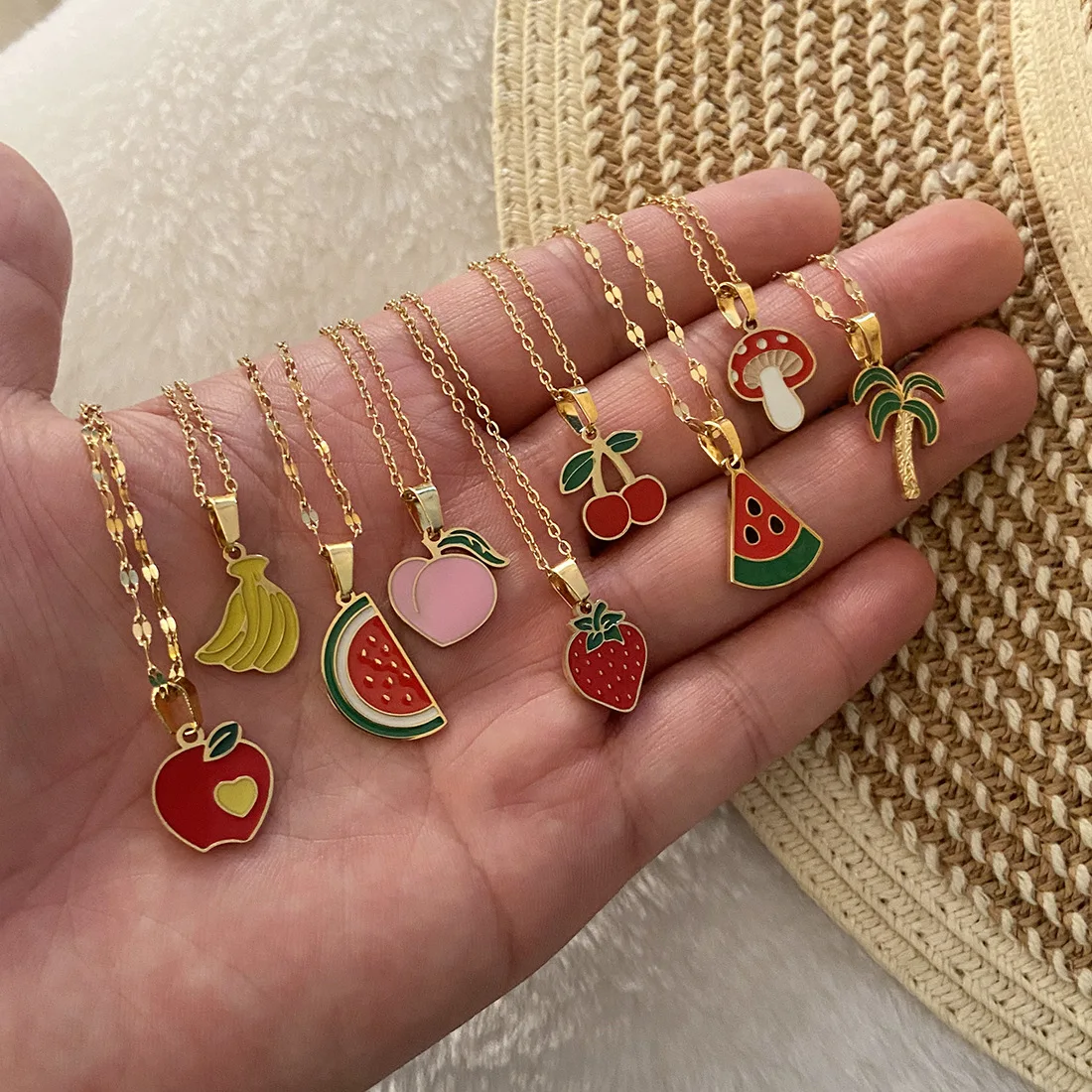 Cute Strawberry Cherry Watermelon Pendant Necklace For Women Stainless Steel Apple Mushroom Coconut Tree Jewelry Gifts