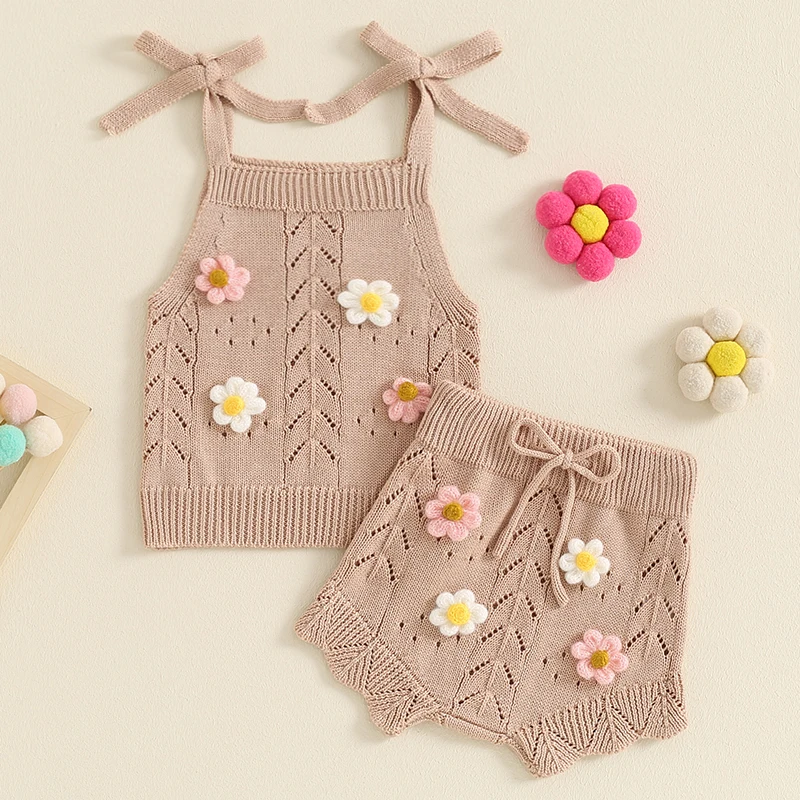 Pudcoco Infant Newborn Baby Girls Knitted Outfit, Tie-up Camisole with Elastic Waist Shorts Flower 2-piece Outfit 0-3T