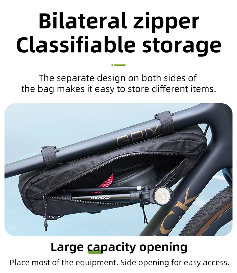 CXWXC Fahrrad-Rahmentasche, 2,4 l, großes Fassungsvermögen, Fahrrad-Unterrohrtasche, dreieckige Tasche, doppelseitiger Reißverschluss mit Bodenbindungssystem – Detail 5