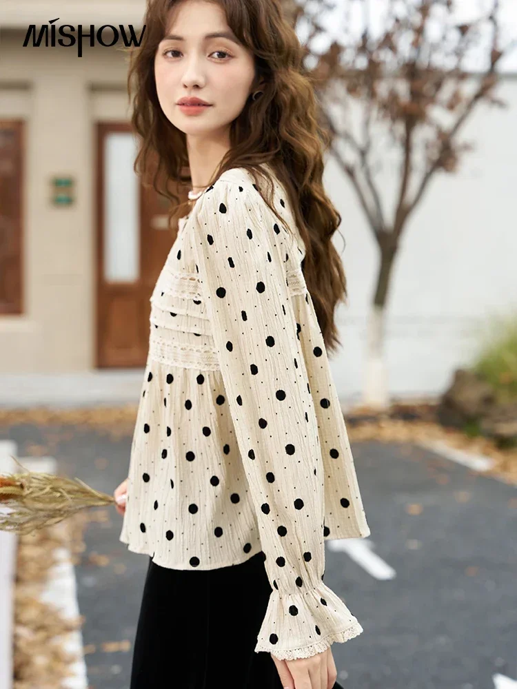 MISHOW French Polka Dot Blouse Women Spring Autumn Elegant Bell Long Sleeve Shirt Woman Casual Lace Spliced Sweet Top MXC46X1317