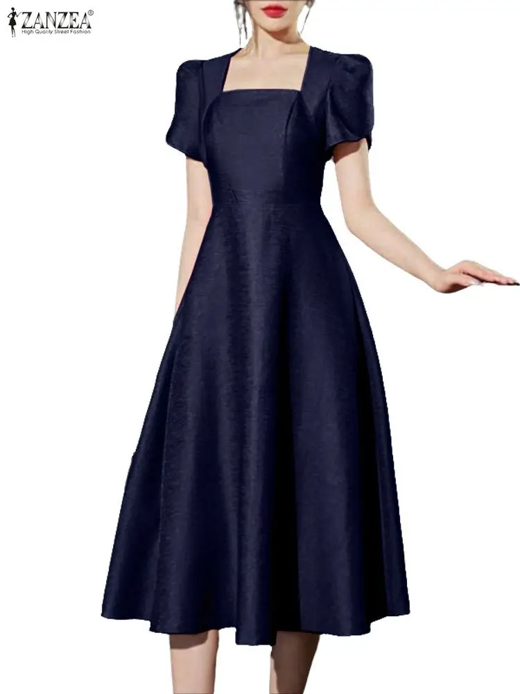 Stylish Women Dresses 2025 ZANZEA Elegant Square Neck Party Dress Petal Sleeve Sundress Waisted Satin Robe A Line Work Vestido