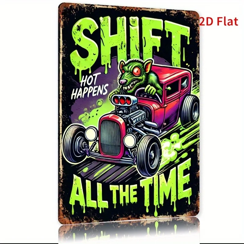 Vintage Hot Rod Cartoon Mouse Metallblechschild – „Shift Happens“ Retro-Wandkunst, rustikale Eisendekoration für Zuhause, Bar, Café, Garage,