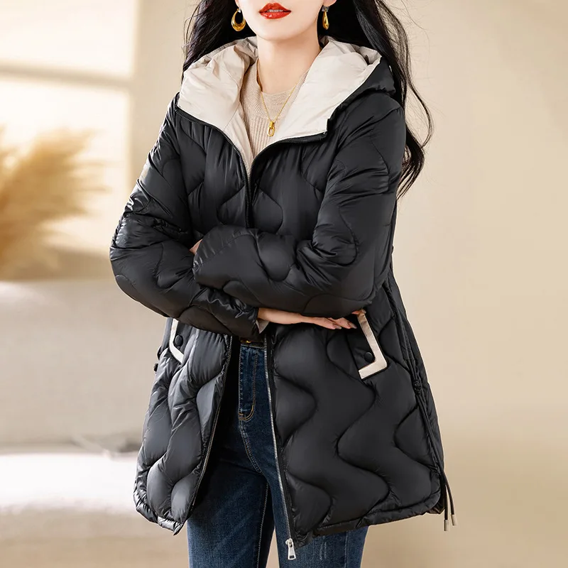 Parkas Coat Women Hooded Mid Length Jacket Solid Zip Diamond Quilt Drawstring Long Sleeve Thick Office Lady Casual 2025 Winter