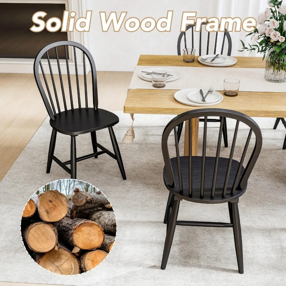 مجموعة من 4 كراسي لتناول الطعام في المزرعة باللون الأسود، وكراسي خشبية على طراز وندسور مع ظهر مغزل، وتصميم كوخ حديث بدون ذراع #4