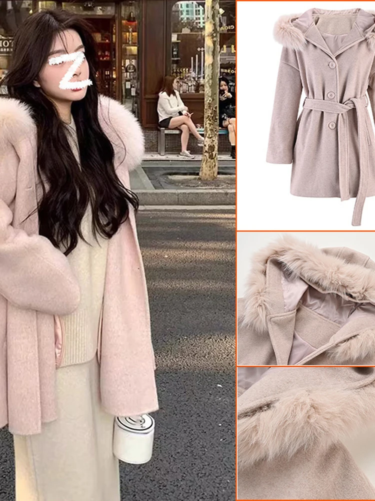 [MODX] French Style Light Pink Woolen Coat For Autumn And Winter, Fashionable And High-end Big Fur Collar Hooded Jacket