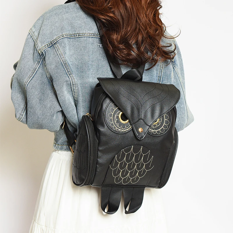 Women Backpack Stylish Cool Black PU Leather Owl Backpack Female Hot Sale Women Bag bagpack for girls