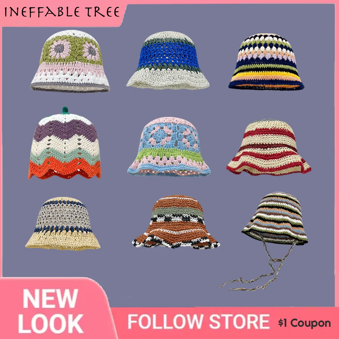 

INS Retro Hollow Cherry Handmade Knitted Flower Fisherman Hats for Women Spring Summer Sweet Casual Bucket Bob Cap Sombrero