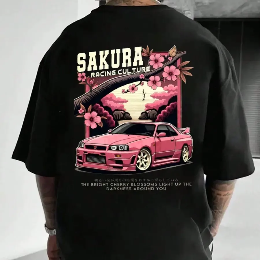 

【New Arrival】Sakura Racing Culture JDM Nissan Skyline GTR R34 Cherry Blossom Graphic T-Shirt Streetwear Cotton Tee