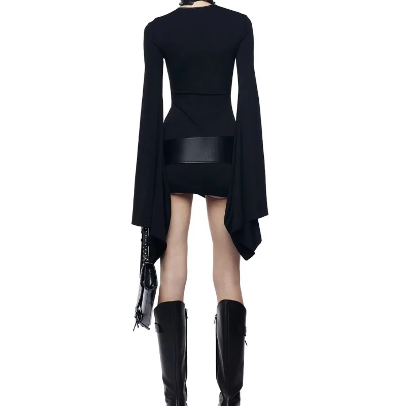 Mini robe Hipster noire pour femmes, Coquette froncée, Sexy, décolleté en V profond, manches longues évasées, moulante, fête, boîte de nuit, tendance Y2K