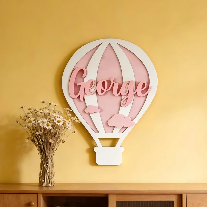 1Pc Custom Cloud hot air balloon Wooden Name Plaque,Home Room Office Wall Door Decor,DIY Paintable,Nursery Birthday Wedding Gift