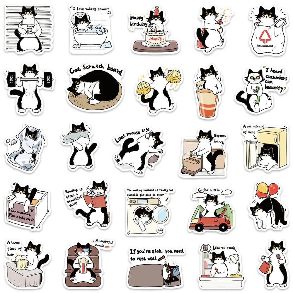 50pcs Kawaii Cartoon Animals Tuxedo Cats Stickers DIY Waterproof Graffiti For Laptop Water Bottle Luggage Notebook Vinyl Decals