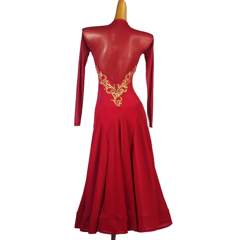 New Ballroom Dance Competition Dress For Women National Standard Dance Red Mesh Long Sleeve Dress Modern Dance Clothing DQL10232