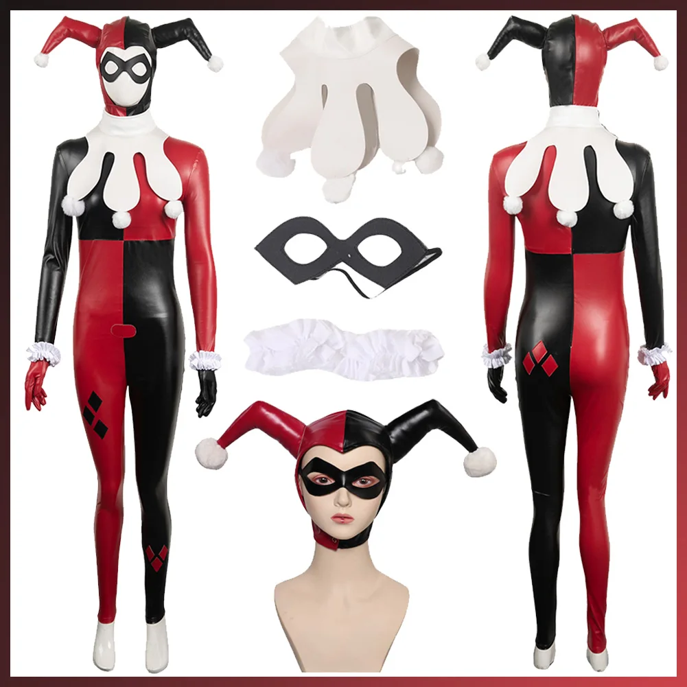 Weibliche Super Bösewicht Kostüm Verkleidung Quinzel Cosplay Fantasy Augenklappe Maske Overall erwachsene Frauen Rollenspiel Fantasia Outfits