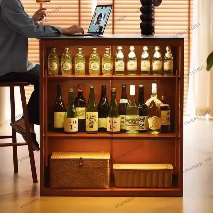 

Nordic boxwood solid wood rock slab island retro small apartment Zhongdao bar storage side cabinet