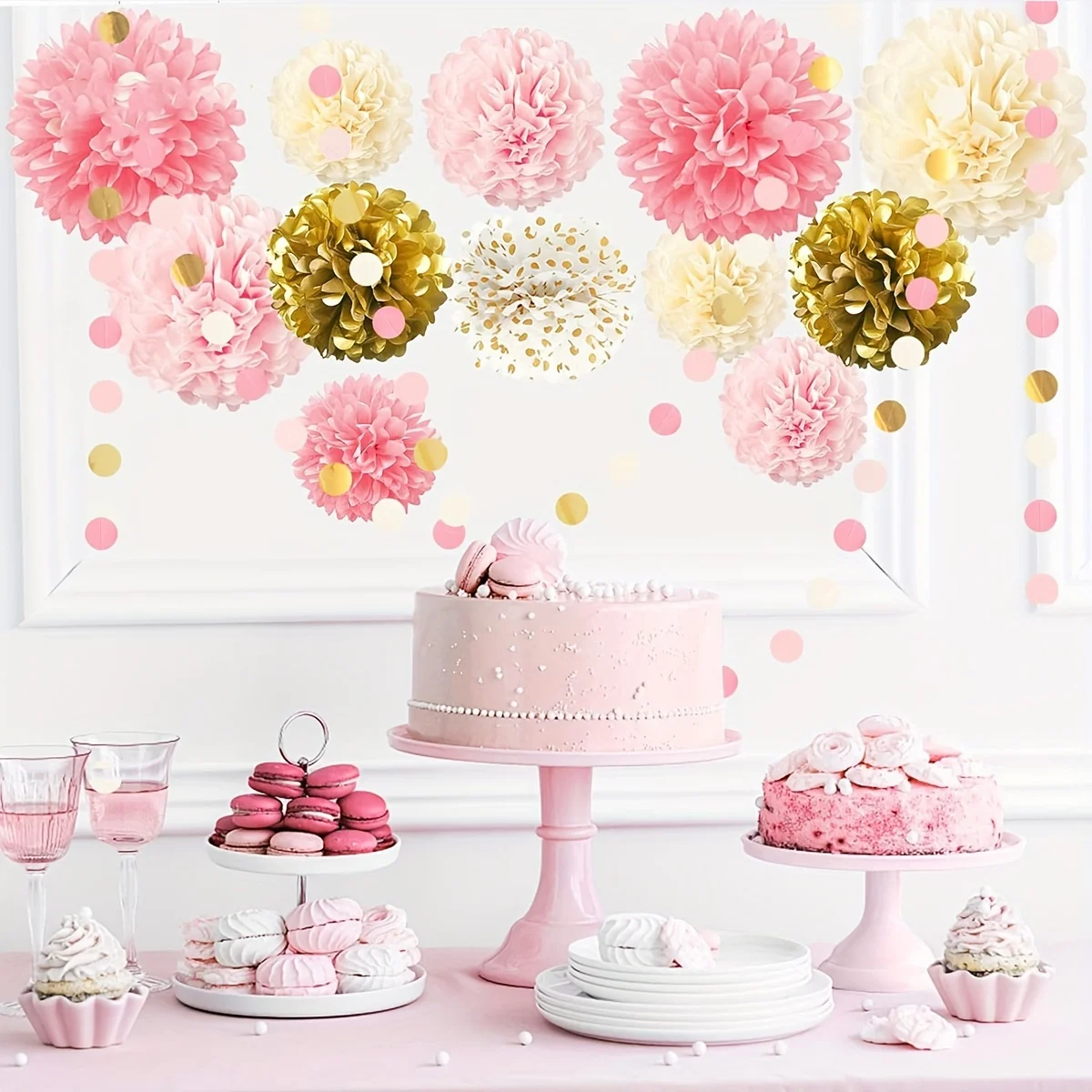 15 Vibrant Paper Pom Poms - Elegant Pink Gold Tissue Flowers for Party Decor - Perfect for Weddings, Birthdays, Showers