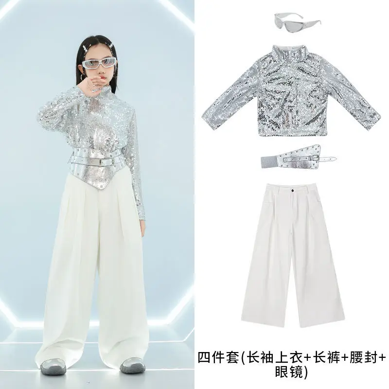 Costumes de danse jazz pour filles, 4 pièces, ensembles de jazz pour enfants, tendance et cool, costumes de danse de rue pour enfants, paillettes de scène, défilé de mode