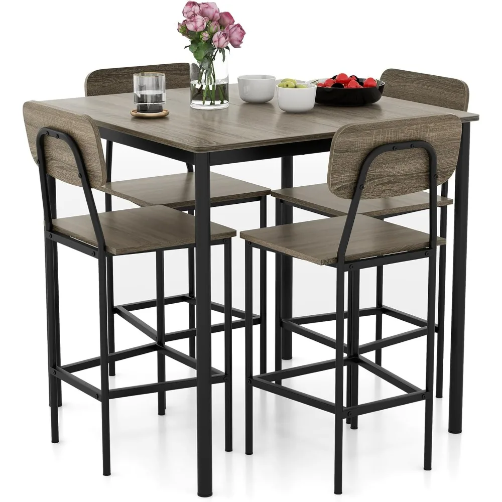 

5-Piece Dining Table Set W/Counter Height Table & 4 Bar Stools, Modern Kitchen Dining Set W/Footrest & Backrest, Space-Saving D