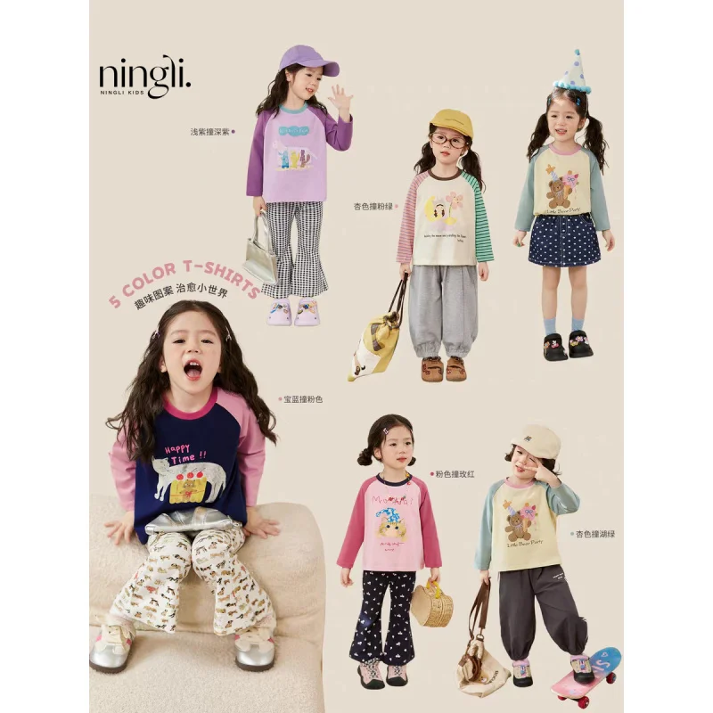 

Baby Girl Long SleevetWomen's T-shirt with Raglan Sleeves2025Spring and Autumn New Children's Illustration Style Top Trendy