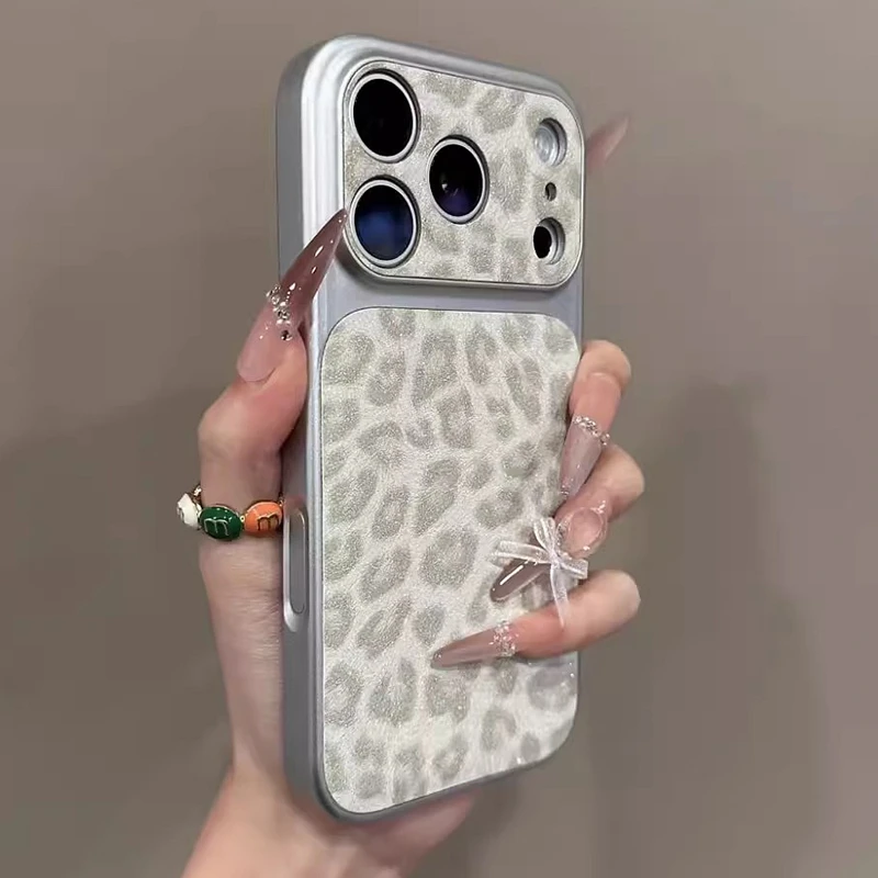 Coque de téléphone de luxe antichoc en cuir effet léopard scintillant pour iPhone 13 14 15 16 17 18 Pro Max Plus 17 Air