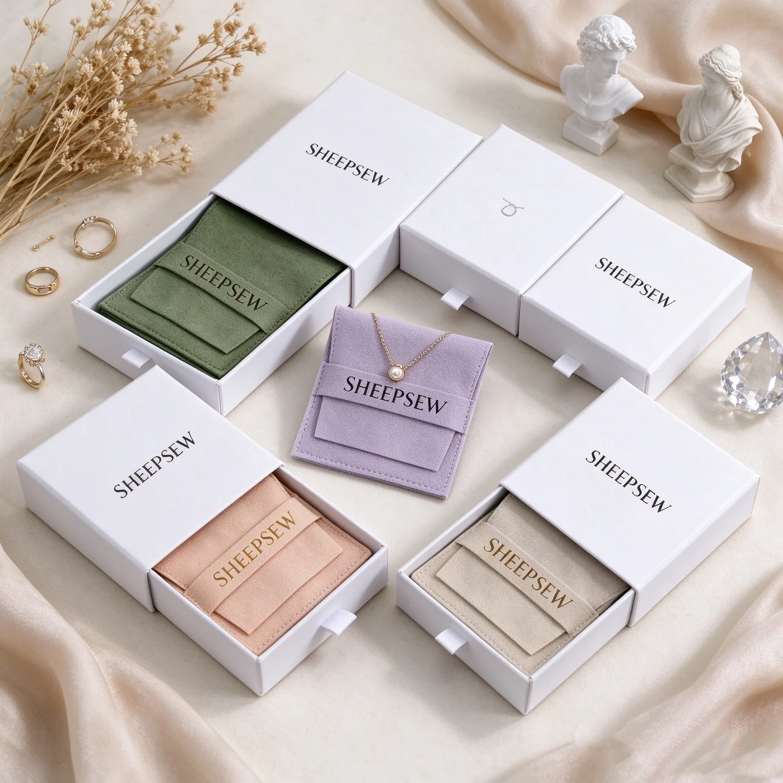 SHEEPSEW Personalized Custom Logo White Sliding Drawer Jewelry Box 9x9x3.2cm, 8x8cm Microfiber Strip Storage Pouch for Ring Earr
