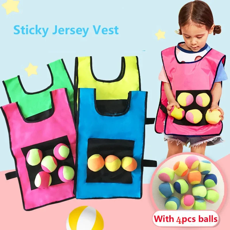 Kids Sport Game Props Vest Sticky Jersey Vest Game Waistcoat With 5 Sticky Ball Throwing Toys For Child Outdoor Fun Sports Toy