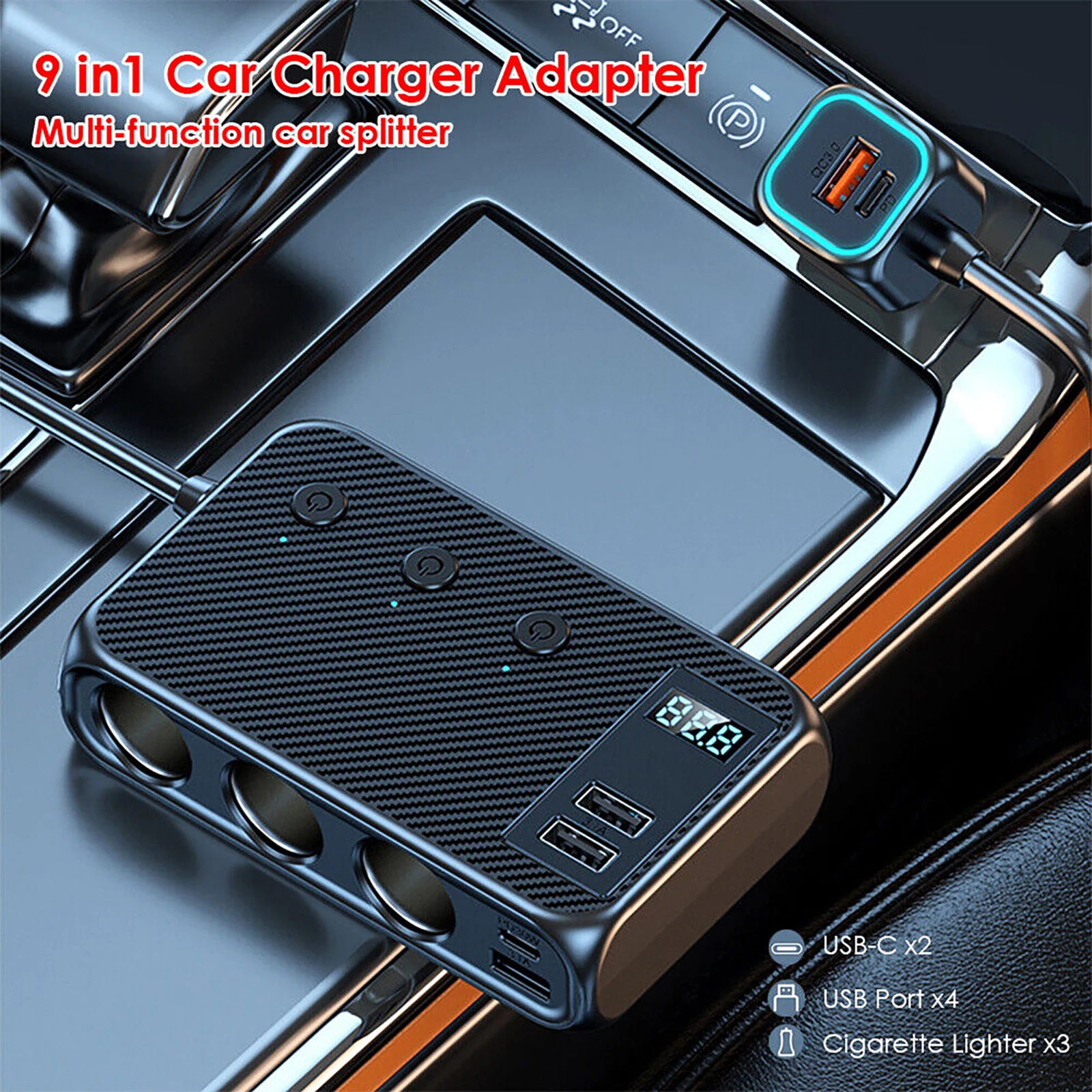 171W 9 in 1 Car Cigarette Lighter Splitter USB Charger Adapter PD QC3.0 Fast Charging Socket With LED Voltage Display & Switches