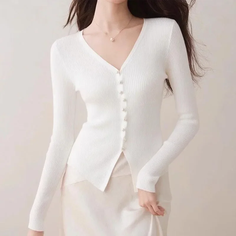 

Вязаный свитер, женские кардиганы, новый белый вязаный свитер с длинным рукавом и v-образным вырезом, кардиган, женские топы, трикотажные изделия Sueters De Mujer Q945