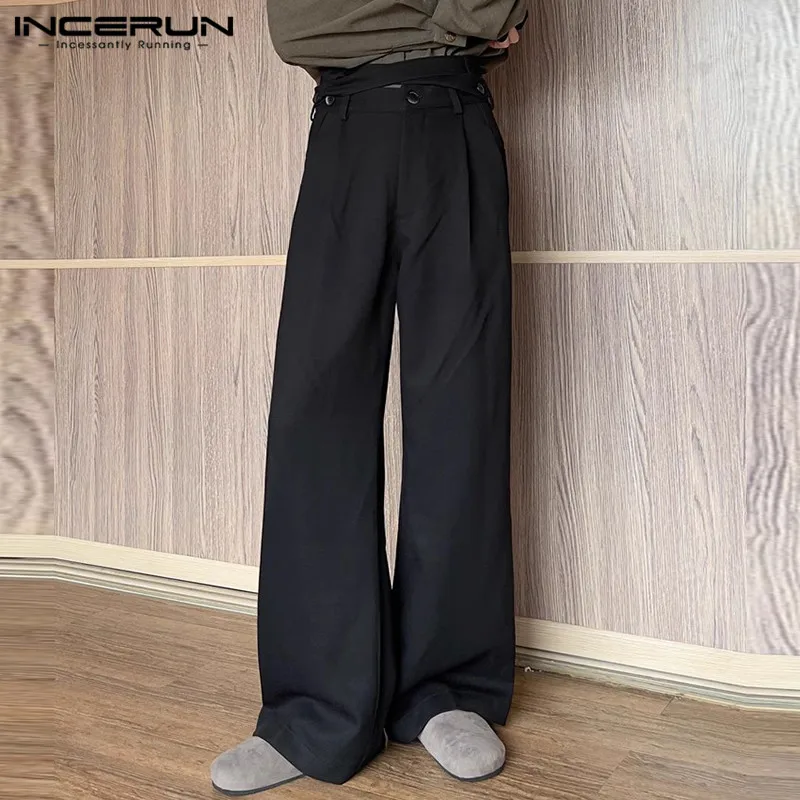 2024 Men Straight Pants Solid Color Button Joggers Korean Style Streetwear Casual Trousers Men Loose Fashion Long Pants INCERUN