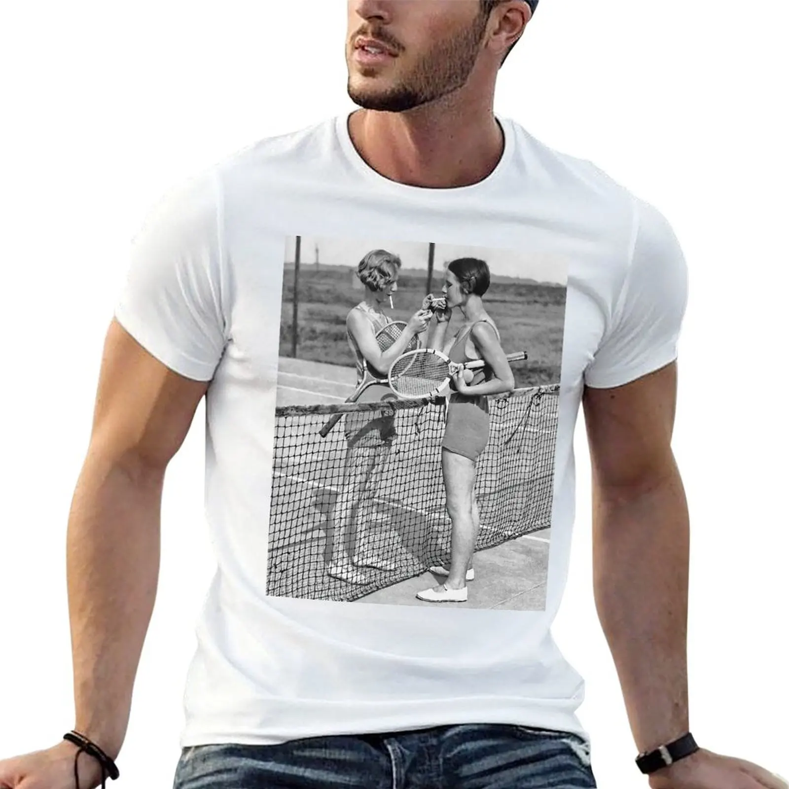 

Tennis Players, Smoking Cigarettes, Black and White Vintage Art T-Shirt man t shirts for men essential t shirt T-Shirt