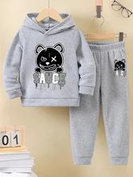 2set Boys fall and winter new sports style casual fashion pattern printed warm and fleece hoodie and tracksuit pants
