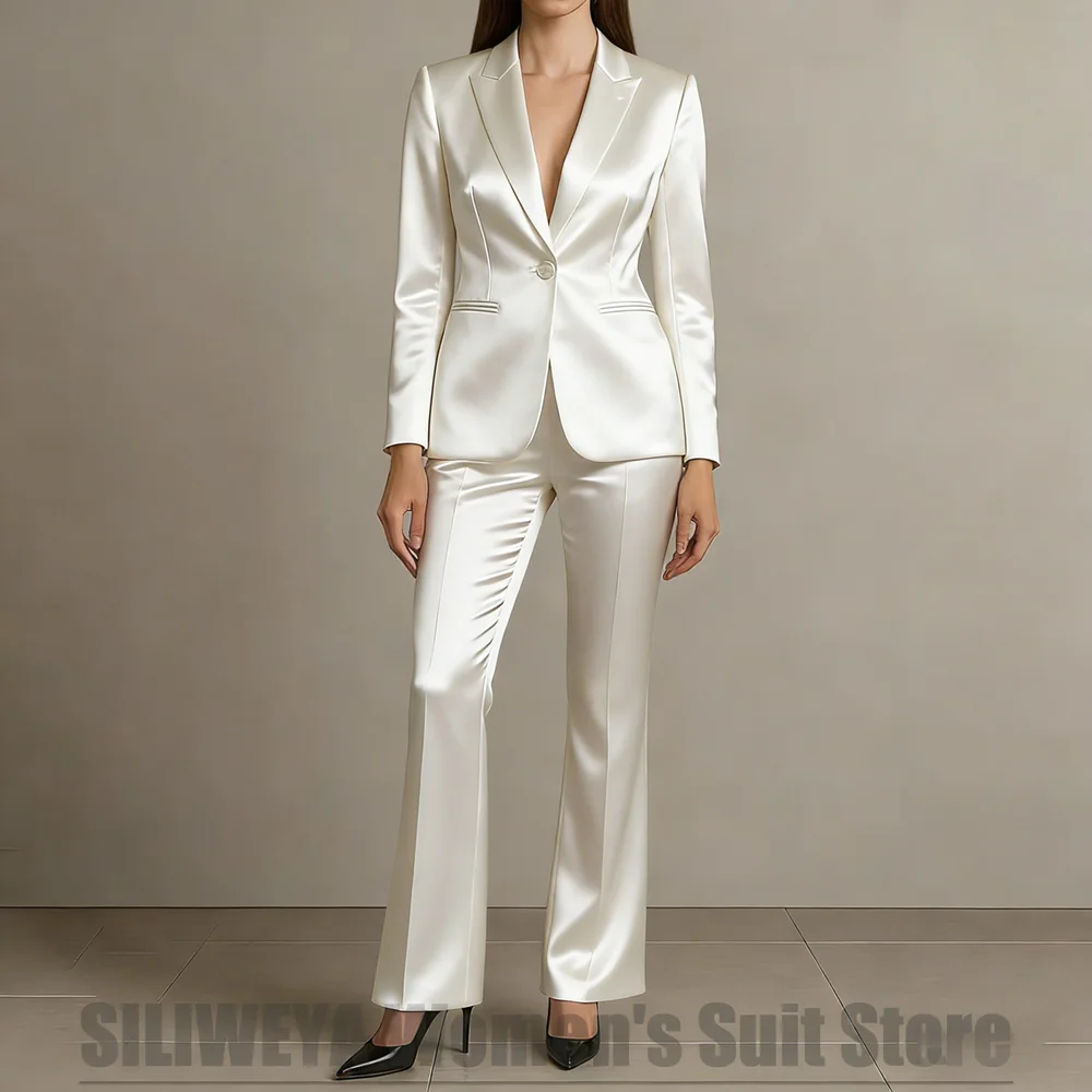 

Блестящий атласный женский костюм-двойка: пиджак на одной пуговице и брюки – деловой наряд для офиса, свадьбы, вечеринки, смокинг