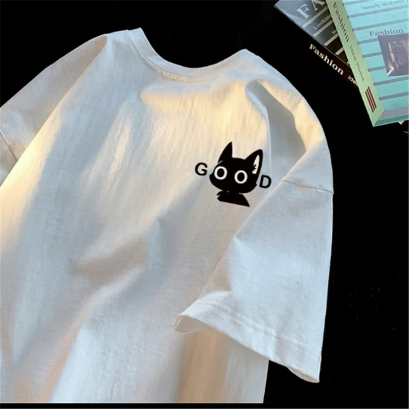 

2025 Fashion Harajuku Street Style Short Sleeve T-shirt for Men and Women Couple Y2k Cute Kitten Printed Pure Cotton Top