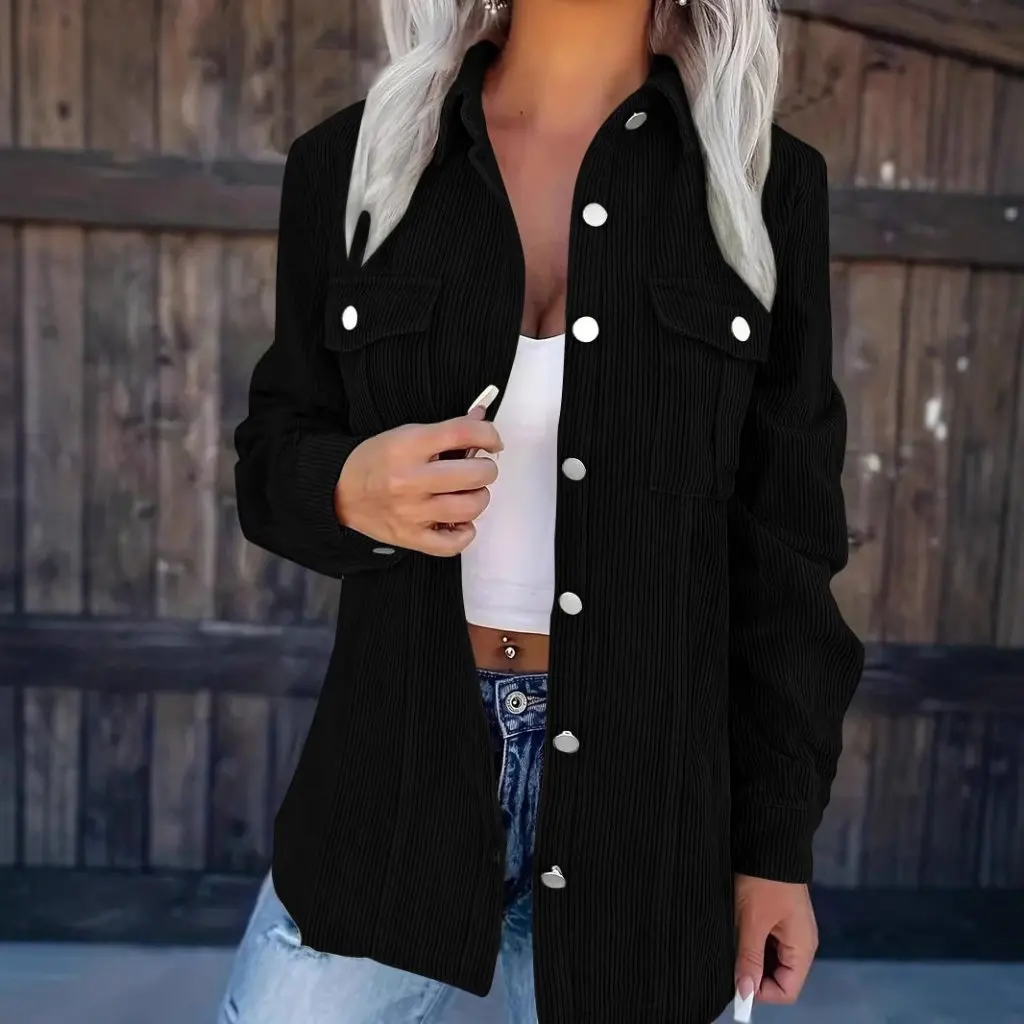 

Women's Solid Color Corduroy Cardigan Lapel Casual Elegant Loose Coat Autumn Winter New European American Style Clothing
