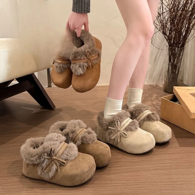 

Women's Winter Warm Fuzzy Slippers, Plush Fur Lined Indoor House Shoes, Soft Bow Decor Non-slip Home Cotton Slippers for Bedroom
