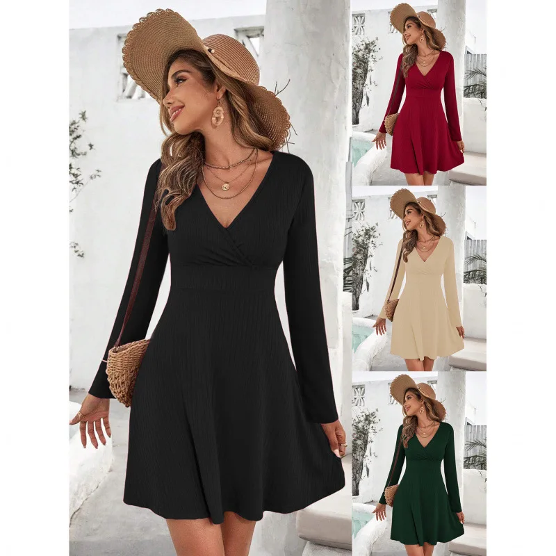 2026 Frühling Herbst Mode Neuheit Damen V-Ausschnitt Langarm Tailliertes Slim Fit Alltagstaugliches Vielseitiges Casual A-Linien Wickelkleid