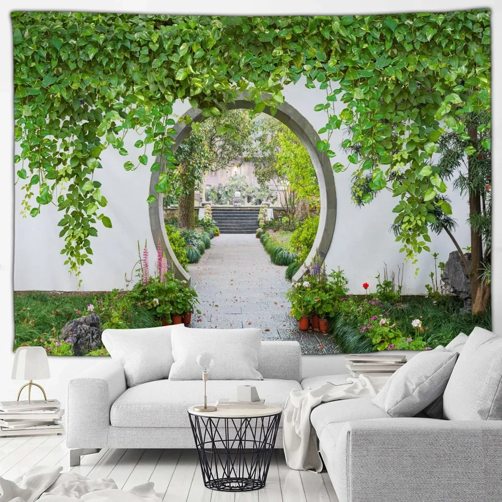 Chinese Style Garden Landscape Tapestry Green Vines Plants Arch Moon Gate Flowers Scenery Home Room Courtyard Decor Wall Hanging