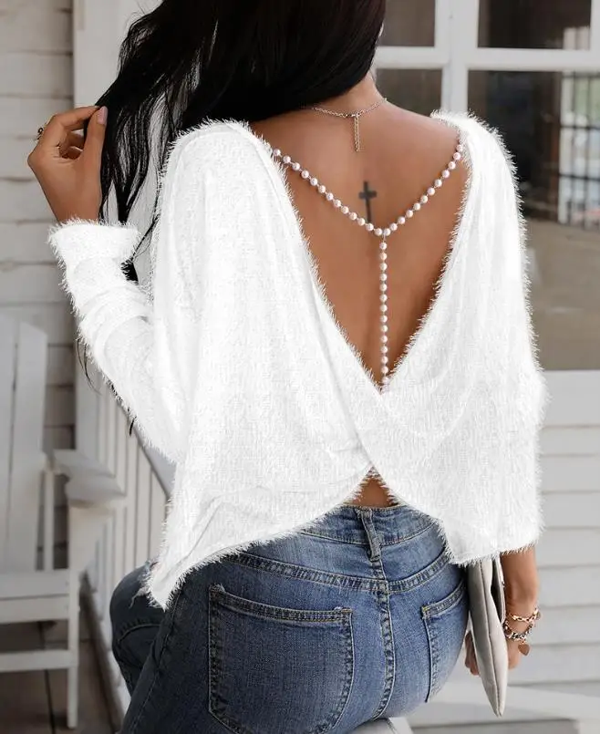 Fashion Woman Blouse 2023 Spring Beaded Strap Twisted Backless Casual Round Neck Plain Long Sleeve Daily Basic Fuzzy Tee Top