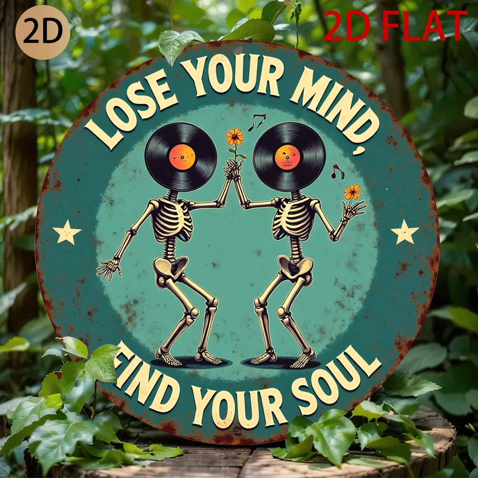 Vintage Music-Themed Metal Wall Art Sign, Featuring Dancing Skeletons and Vinyl Record Heads - 