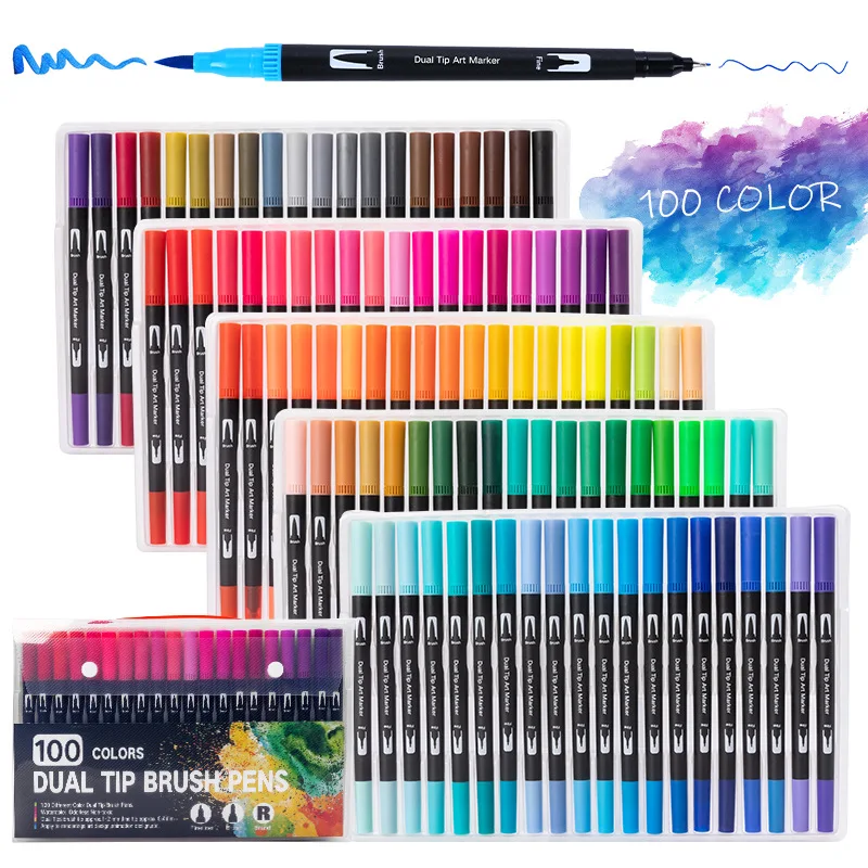 

24 Colors Felt Tip Drawing Watercolor Art Markers Pen Dual Brush Fineliner Colouring Pen Set for Calligraphy Painting