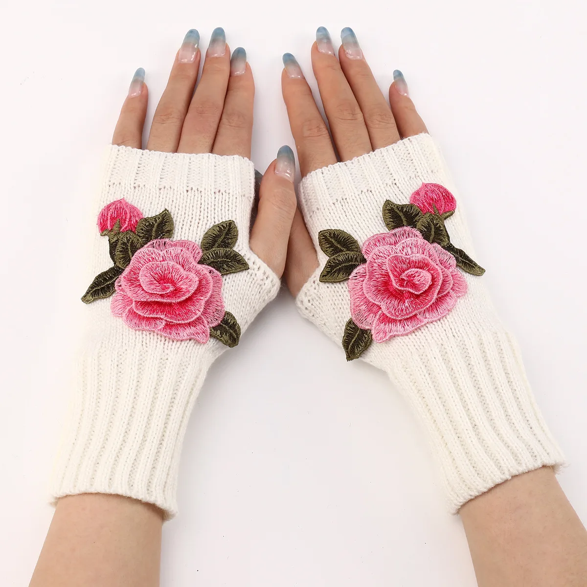 2024 New Autumn Winter Women's Short Fashion Embroidered Flower Gloves Knitted Wool Sleeves Warm Mittens Fingerless Gloves Women