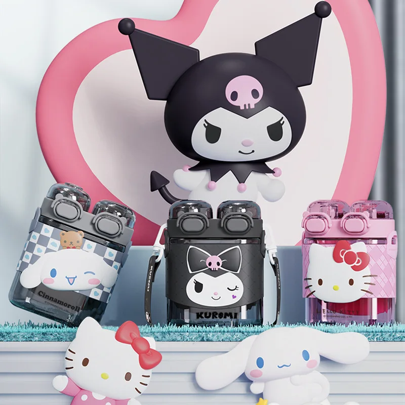 

570 мл Sanrio, Hello Kitty двойная чашка для напитков, для девочек, аниме Kawaii Kuromi, для студентов, соломенный чайник, мультяшная фигурка, питьевые бутылки