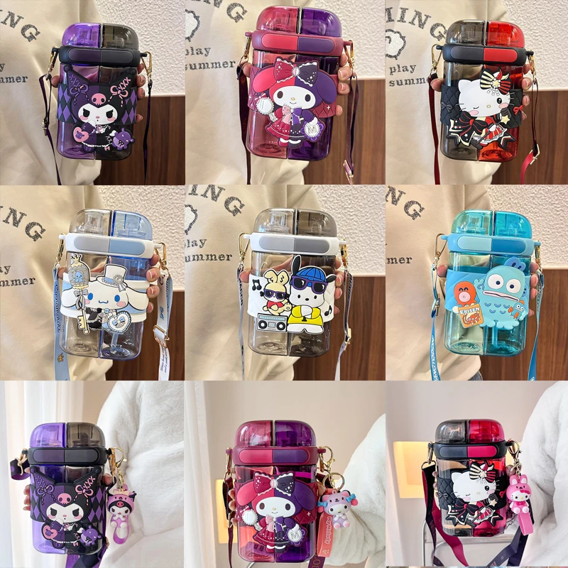 

Anime Kawaii Sanrios Hellokittys Water Cup Girl Double Drink Kuromi Cartoon Child Student Straw Cup Plastic Kettle Send Friends