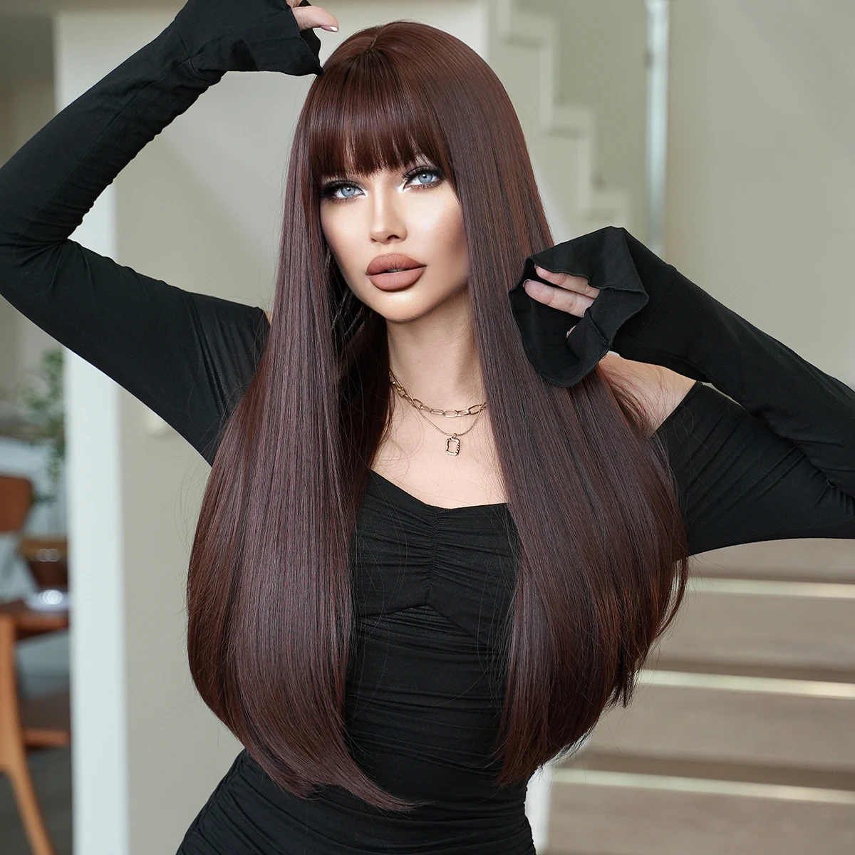 7jhhウィッグ-女性用フリンジ付き合成かつら、長いストレートブラウンの髪、耐熱性、日常使用、パーティー用