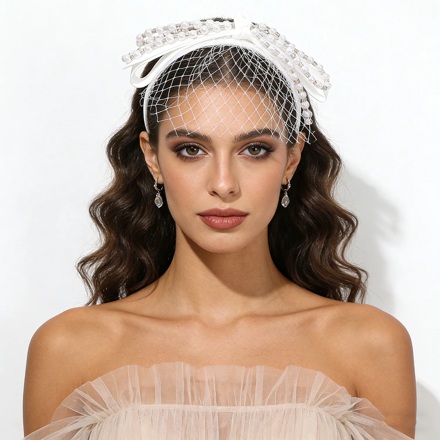 

AWAYTR Пластиковая повязка на голову с жемчужным бантом и кружевной сеткой, свадебные аксессуары для волос, повязка на голову на День святого Валентина, украшение для причесок, праздничный головной убор