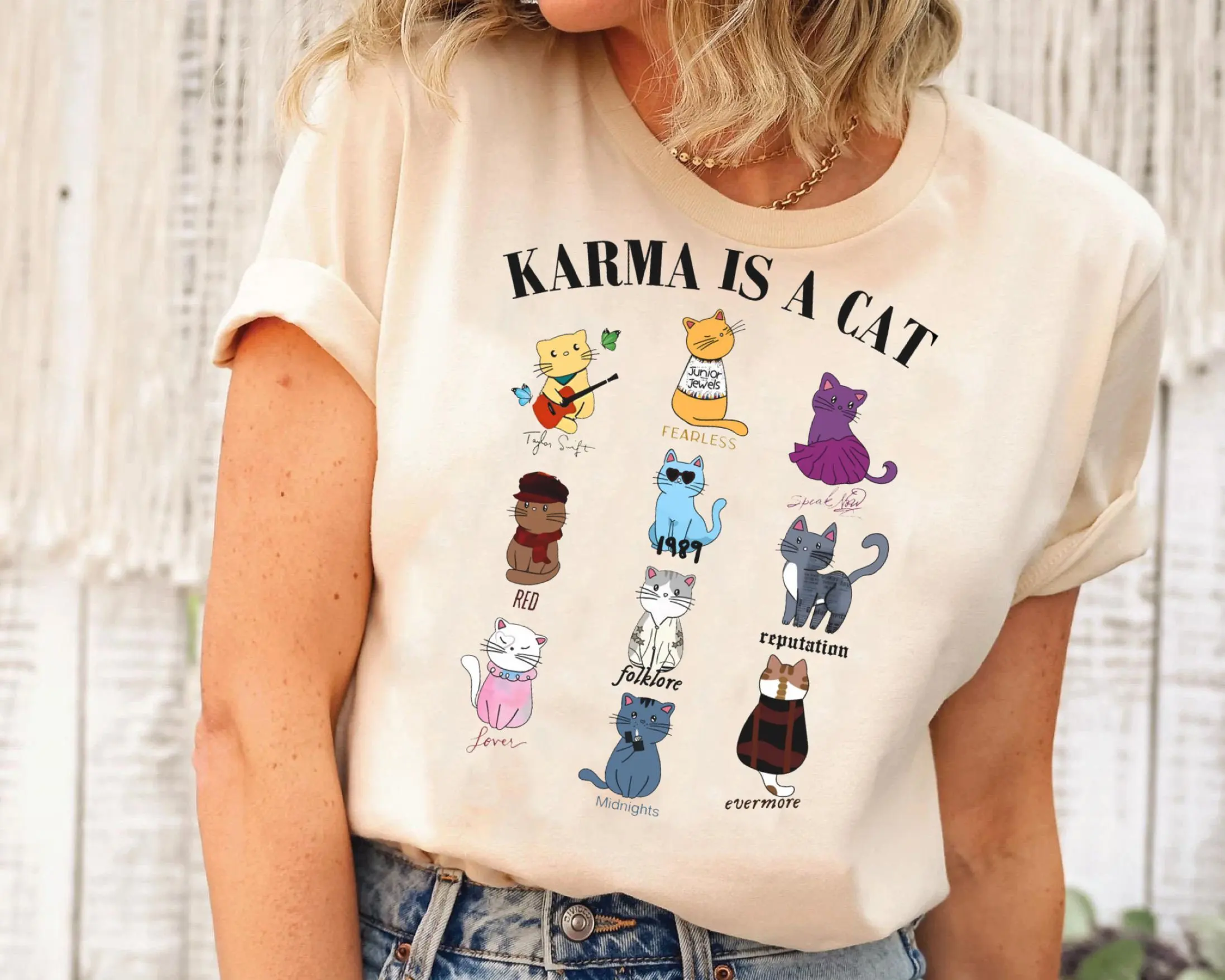 2024 New Voguish Lover Women T-shirt Cute Cotton Nine Cats Print Female Shirt Karma Is A Funny Slogan Fashion Girl Shirt